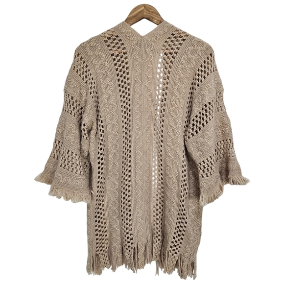 Do Everything In Love Tan Boho Crochet Knit Open Front Fringe Kimono Cardigan OS - Picture 3 of 10
